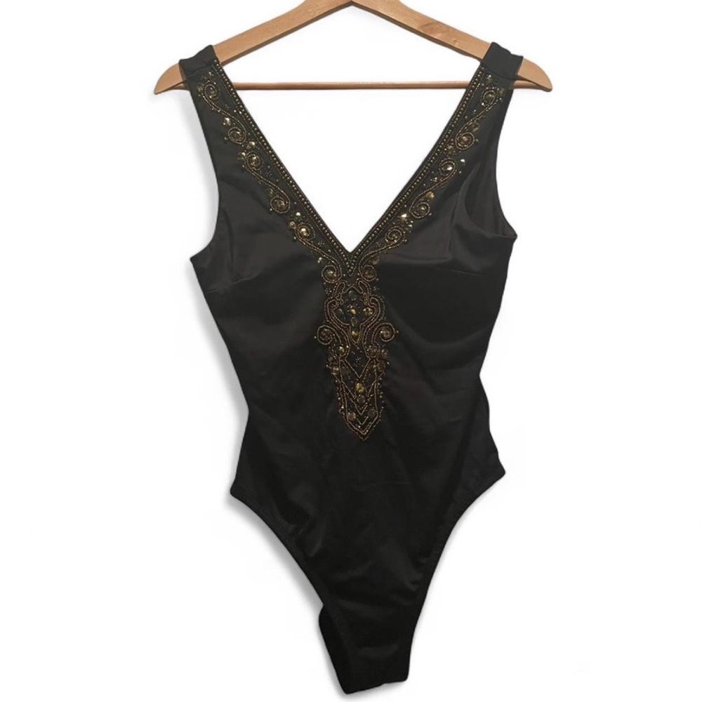 Beautiful Amita Naithani Black and Gold Beaded Women's Swimsuit Size 10